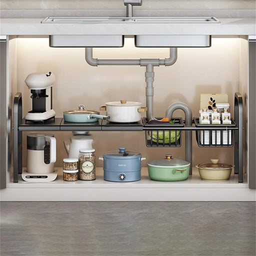 Expandable Under Sink Organizer with 2 Storage Baskets Carbon Steel Kitchen Cabinet Storage Rack Single Tier 3 Boards Adjustable Shelf - Black - 1