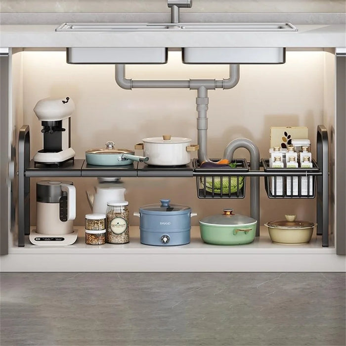 Expandable Under Sink Organizer with 2 Storage Baskets Carbon Steel Kitchen Cabinet Storage Rack Single Tier 3 Boards Adjustable Shelf - Black - 1