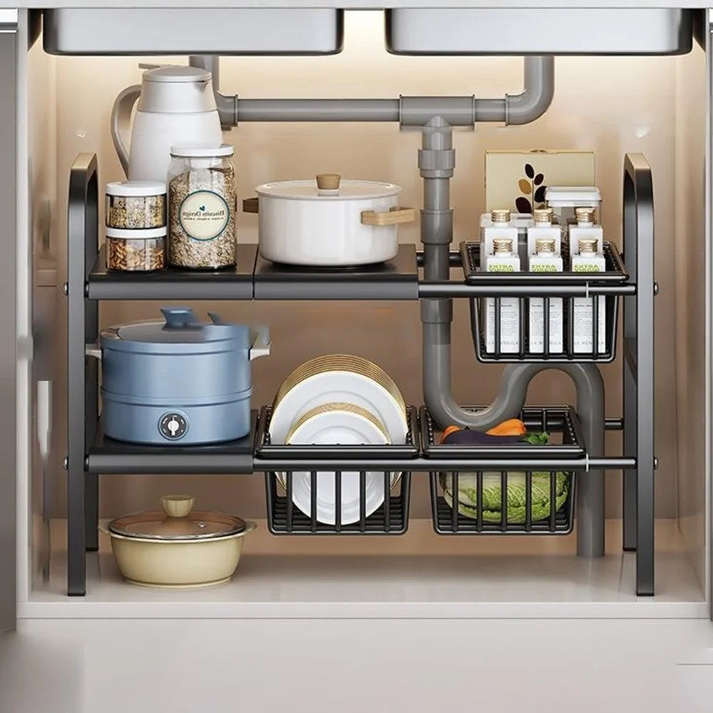 Expandable Under Sink Organizer with 3 Storage Baskets Carbon Steel Kitchen Cabinet Storage Rack 2-Tier 3 Boards Adjustable Shelf - Black - 1