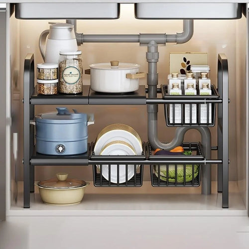 Expandable Under Sink Organizer with 3 Storage Baskets Carbon Steel Kitchen Cabinet Storage Rack 2-Tier 3 Boards Adjustable Shelf - Black - 1