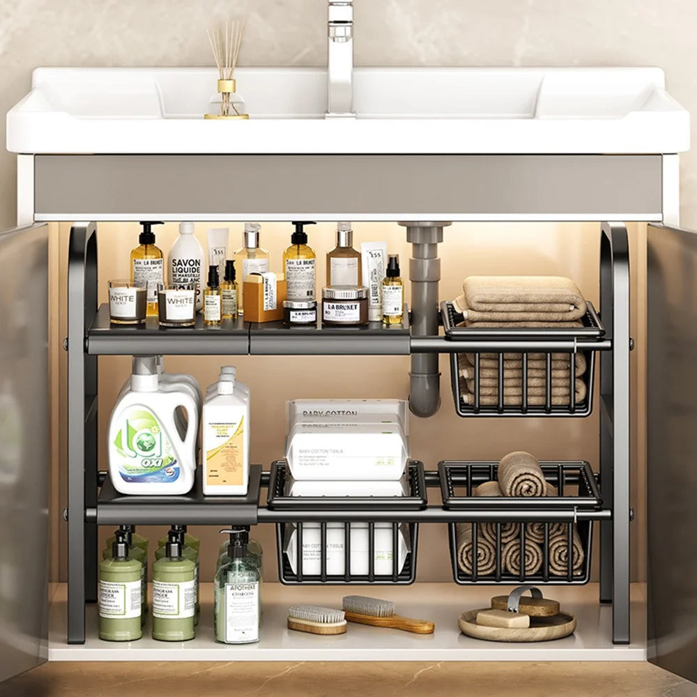 Expandable Under Sink Organizer with 3 Storage Baskets Carbon Steel Kitchen Cabinet Storage Rack 2-Tier 3 Boards Adjustable Shelf - Black - 5