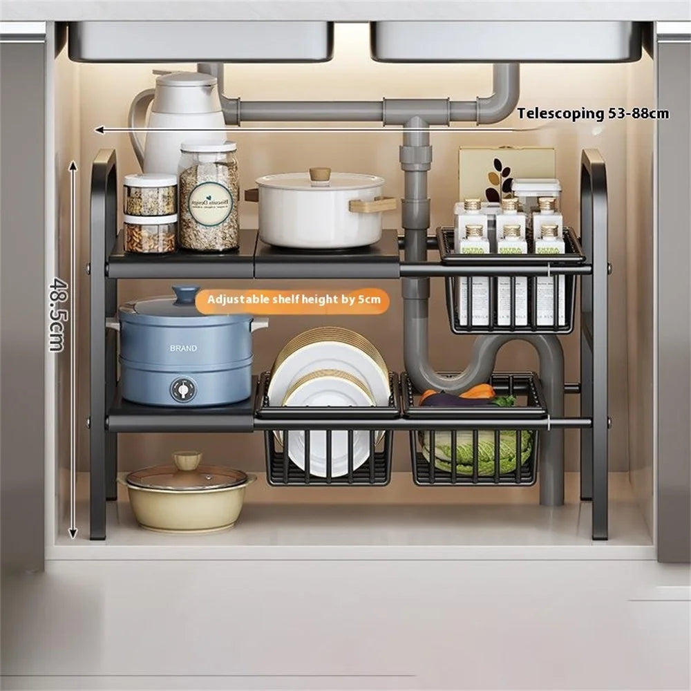 Expandable Under Sink Organizer with 3 Storage Baskets Carbon Steel Kitchen Cabinet Storage Rack 2-Tier 3 Boards Adjustable Shelf - Black - 7