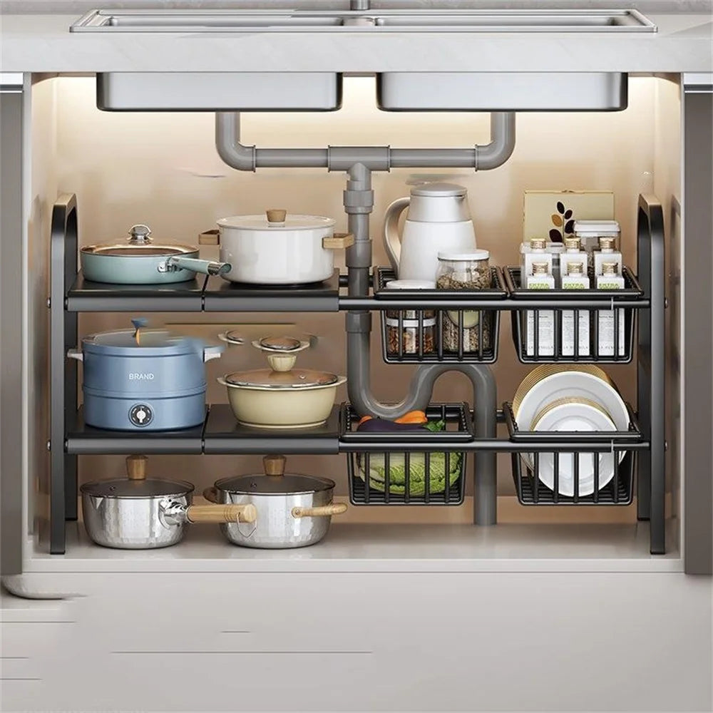 Expandable Under Sink Organizer with 4 Storage Baskets Carbon Steel Kitchen Cabinet Storage Rack 2-Tier 4 Boards Adjustable Shelf - Black - 1
