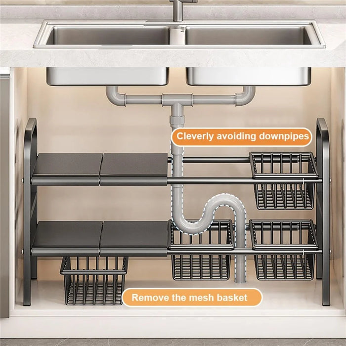 Expandable Under Sink Organizer with 4 Storage Baskets Carbon Steel Kitchen Cabinet Storage Rack 2-Tier 4 Boards Adjustable Shelf - Black - 2