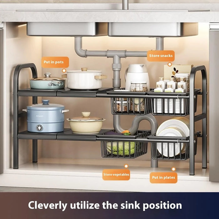 Expandable Under Sink Organizer with 4 Storage Baskets Carbon Steel Kitchen Cabinet Storage Rack 2-Tier 4 Boards Adjustable Shelf - Black - 3