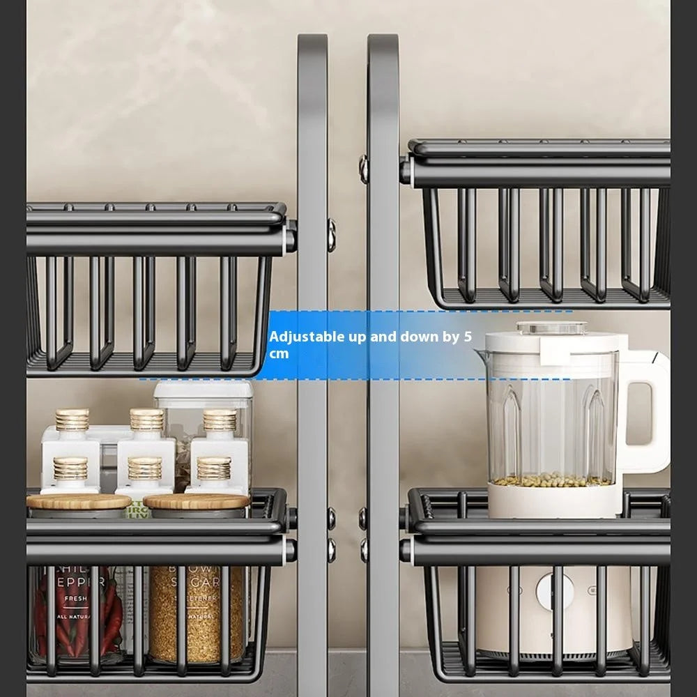 Expandable Under Sink Organizer with 4 Storage Baskets Carbon Steel Kitchen Cabinet Storage Rack 2-Tier 4 Boards Adjustable Shelf - Black - 6