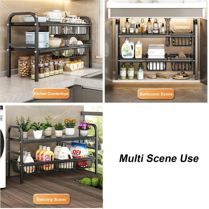Expandable Under Sink Organizer with 4 Storage Baskets Carbon Steel Kitchen Cabinet Storage Rack 2-Tier 4 Boards Adjustable Shelf - Black - 7