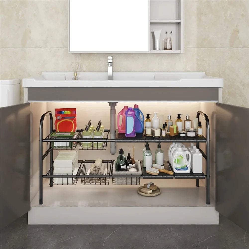 Expandable Under Sink Organizer with 5 Storage Baskets Carbon Steel Kitchen Cabinet Storage Rack 2-Tier 5 Boards Adjustable Shelf - White - Black - 2