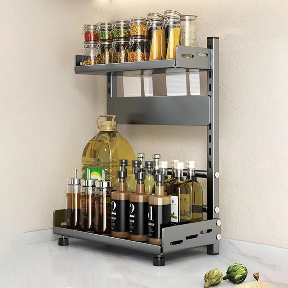 Kitchen Spice Rack Organizer 2-Tier 30cm Width Countertop Storage Shelf Utensil Holder for Knife Cutlery - Grey - 1