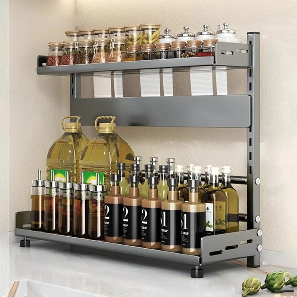 Kitchen Spice Rack Organizer 2-Tier 50cm Width Countertop Storage Shelf Utensil Holder for Knife Cutlery - Grey - 1