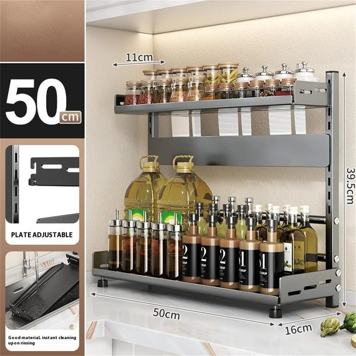 Kitchen Spice Rack Organizer 2-Tier 50cm Width Countertop Storage Shelf Utensil Holder for Knife Cutlery - Grey - 5