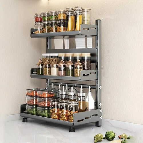 Kitchen Spice Rack Organizer 3-Tier 30cm Width Countertop Storage Shelf Utensil Holder for Knife Cutlery - Grey - 1