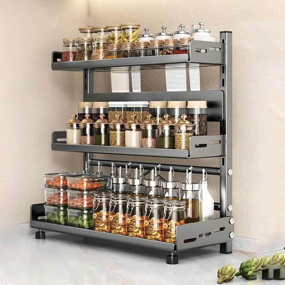 Kitchen Spice Rack Organizer 3-Tier 40cm Width Countertop Storage Shelf Utensil Holder for Knife Cutlery - Grey - 1