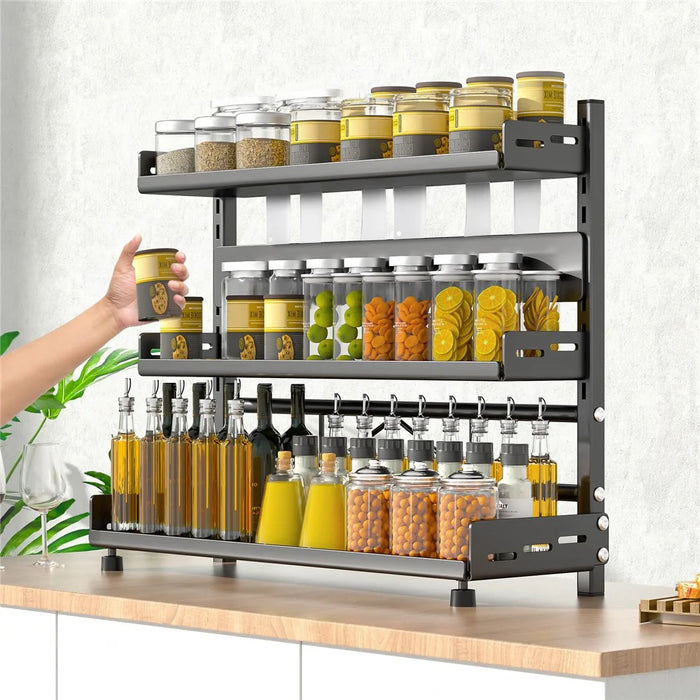 Kitchen Spice Rack Organizer 3-Tier 40cm Width Countertop Storage Shelf Utensil Holder for Knife Cutlery - Grey - 3