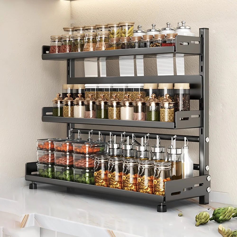 Kitchen Spice Rack Organizer 3-Tier 50cm Width Countertop Storage Shelf Utensil Holder for Knife Cutlery - Grey - 1