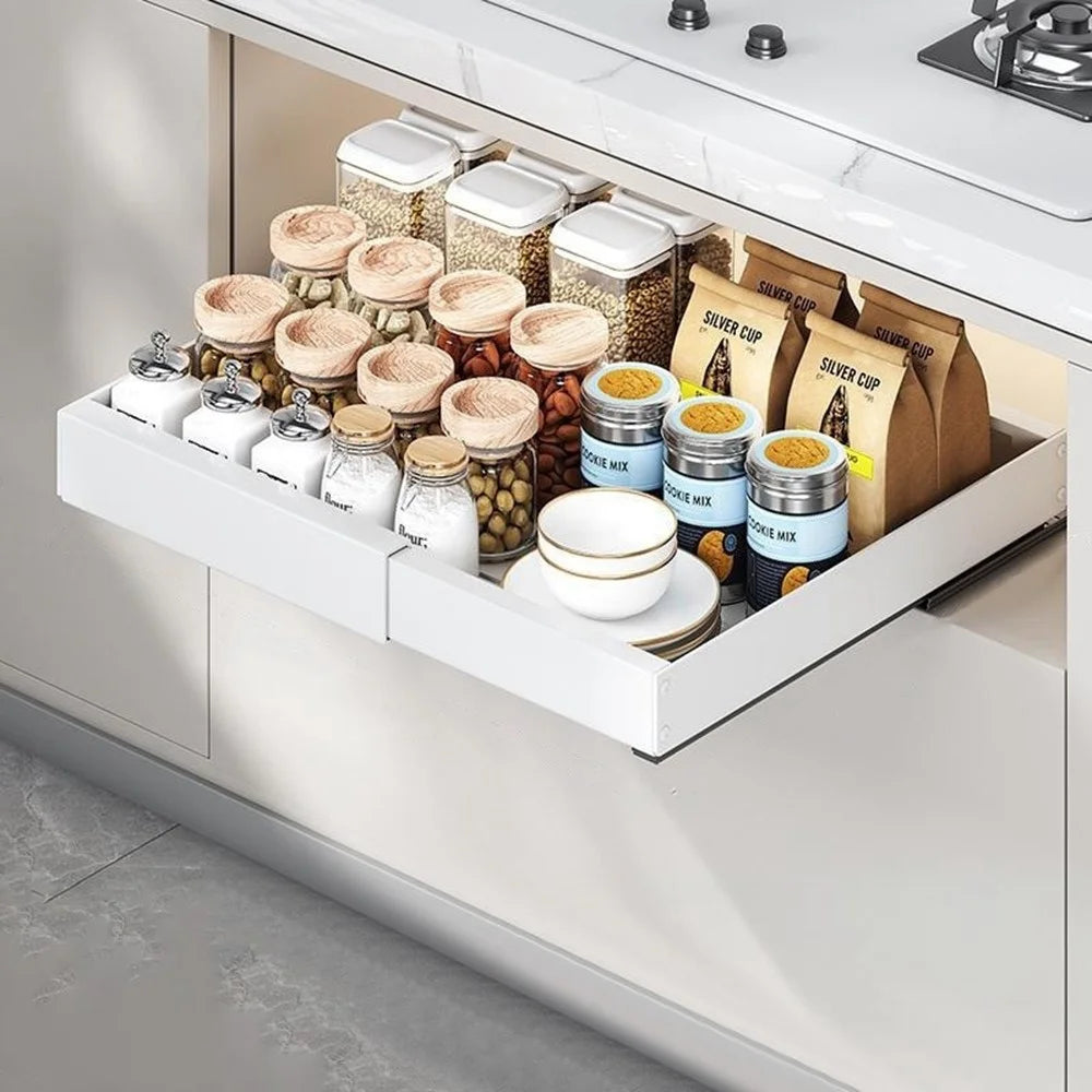 Extendable Under Sink Organizer Pull Out Kitchen Cabinet Drawer 32 - 50cm Length 42cm Width Storage Rack - White - 1