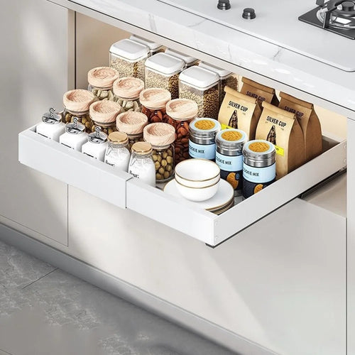 Extendable Under Sink Organizer Pull Out Kitchen Cabinet Drawer 32 - 50cm Length 52cm Width Storage Rack - White - 1