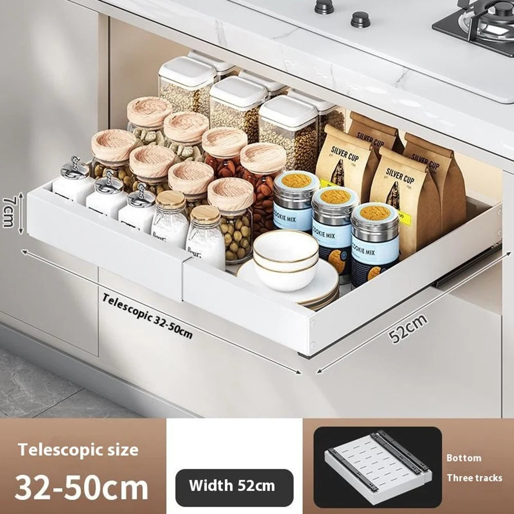 Extendable Under Sink Organizer Pull Out Kitchen Cabinet Drawer 32 - 50cm Length 52cm Width Storage Rack - White - 2