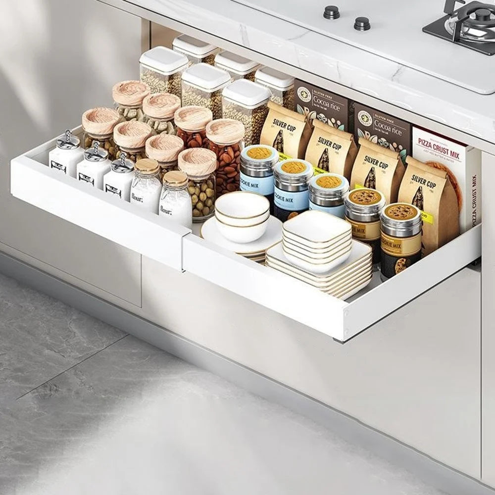 Extendable Under Sink Organizer Pull Out Kitchen Cabinet Drawer 42 - 68cm Length 42cm Width Storage Rack - White - 1