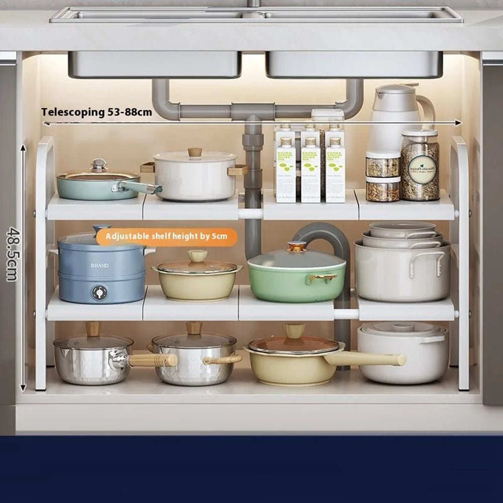 53-88cm Length Telescopic Under Sink Organizer Carbon Steel Kitchen Storage Rack, Dual Layer / 8 Boards - White - 1