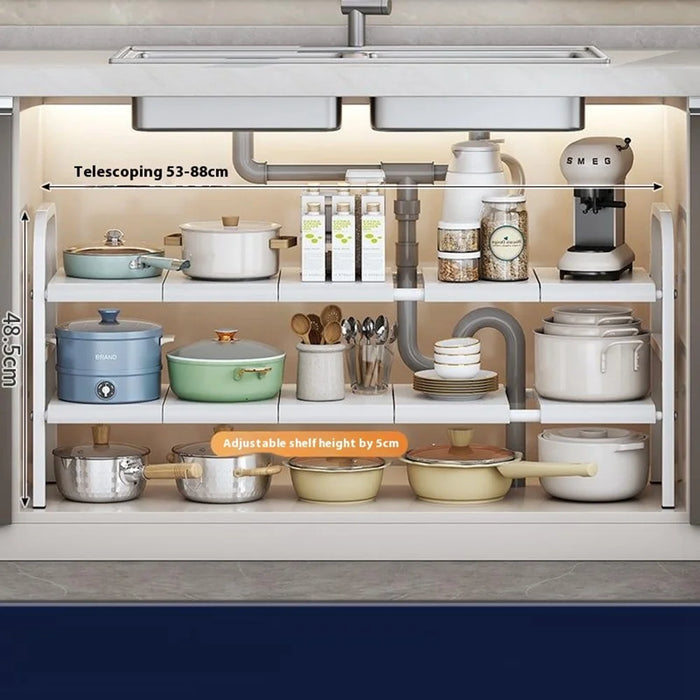 53-88cm Length Telescopic Under Sink Organizer Carbon Steel Kitchen Storage Rack, Dual Layer / 10 Boards - White - 1