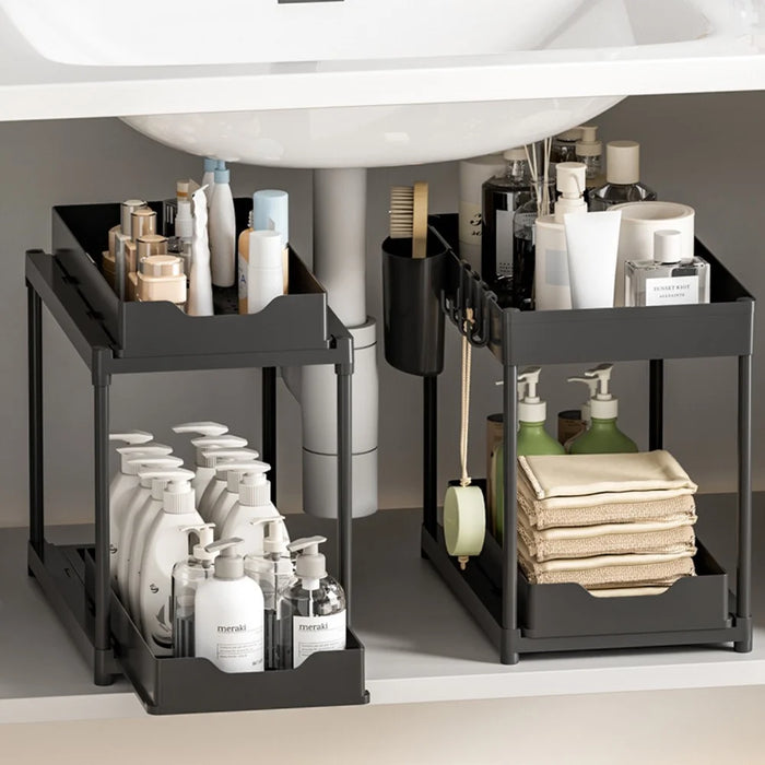 Dual Layer Under Sink Organizer Storage Rack Kitchen Drainer Shelf - Black - 2