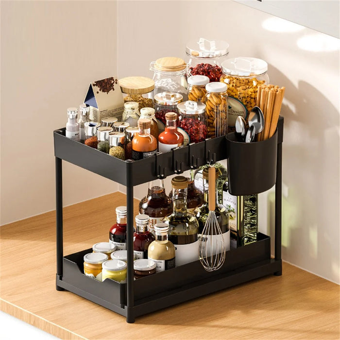 Under Sink Organizer with Hooks 2-Tier Pull-Out Kitchen Storage Rack Drainer Shelf - Black - 1