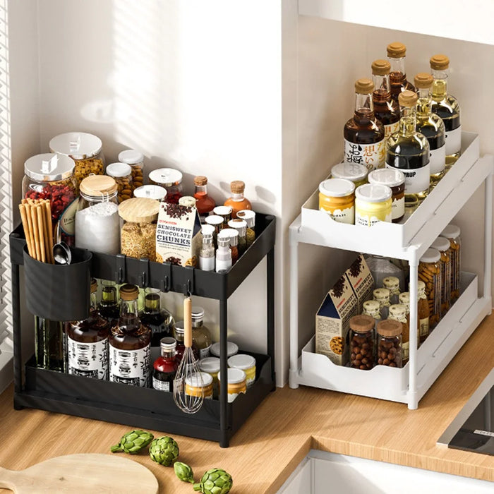 Under Sink Organizer with Hooks 2-Tier Pull-Out Kitchen Storage Rack Drainer Shelf - Black - 6