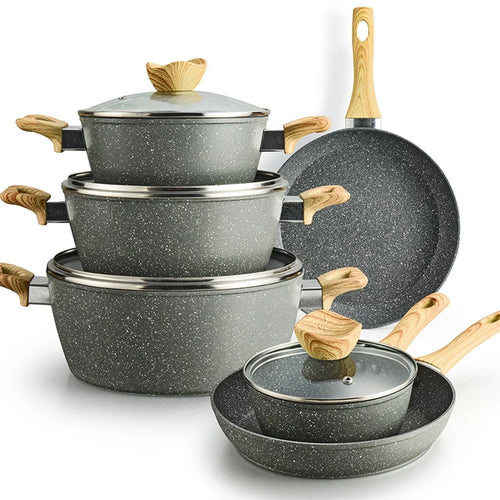 Kitchen Maifanite Cookware Set Marble Texture Non-Stick Frying Pan Soup Pot Kit (BPA Free, No FDA) - Grey - 1