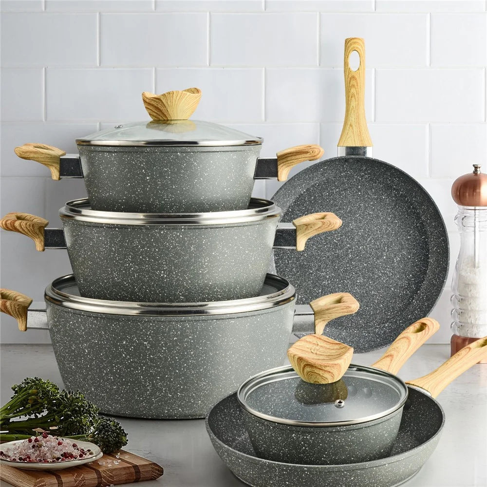 Kitchen Maifanite Cookware Set Marble Texture Non-Stick Frying Pan Soup Pot Kit (BPA Free, No FDA) - Grey - 3