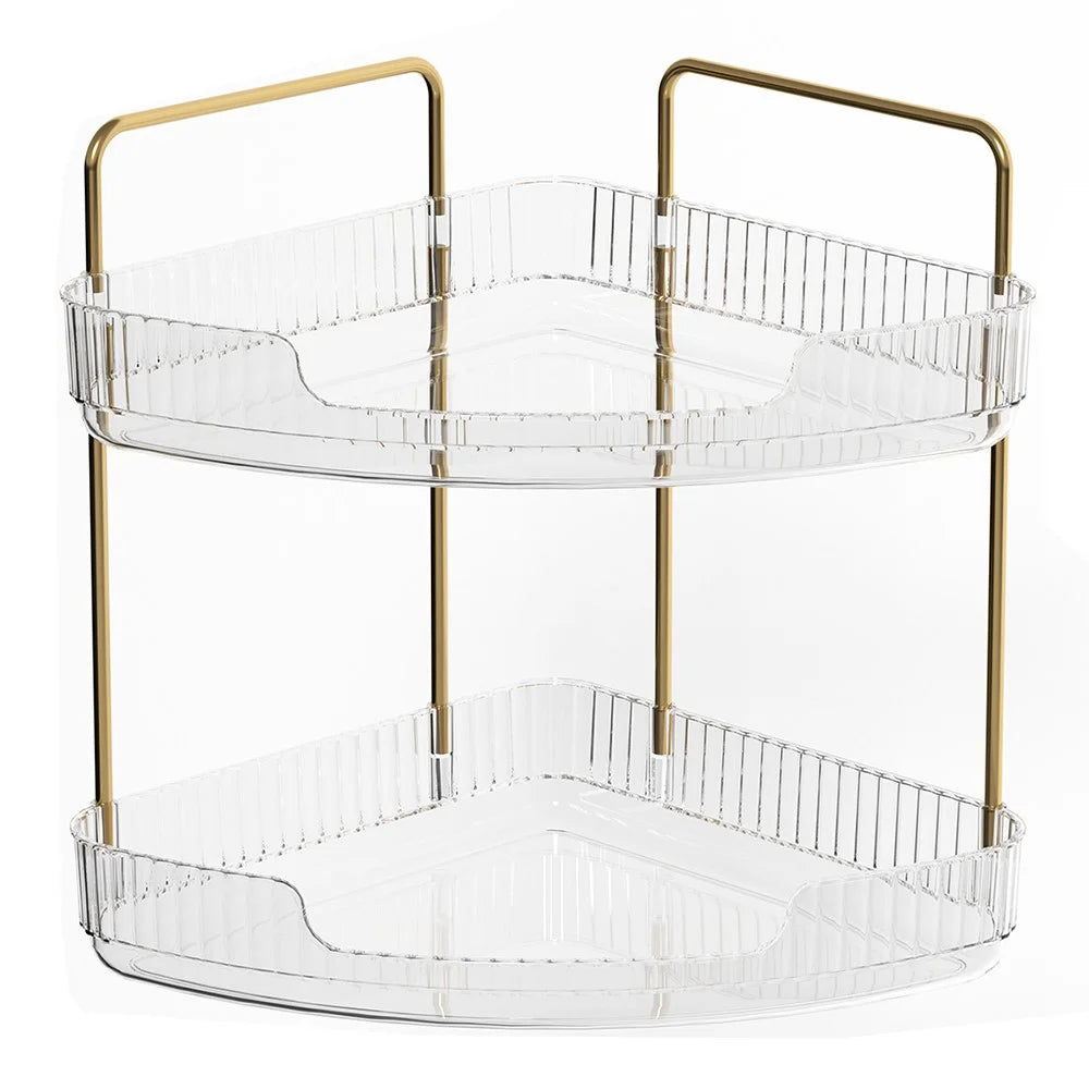 2-Tier Corner Desktop Organizer Makeup Storage Shelf Bedroom Bathroom Vanity Skincare Cosmetic Rack - Transparent White - 1