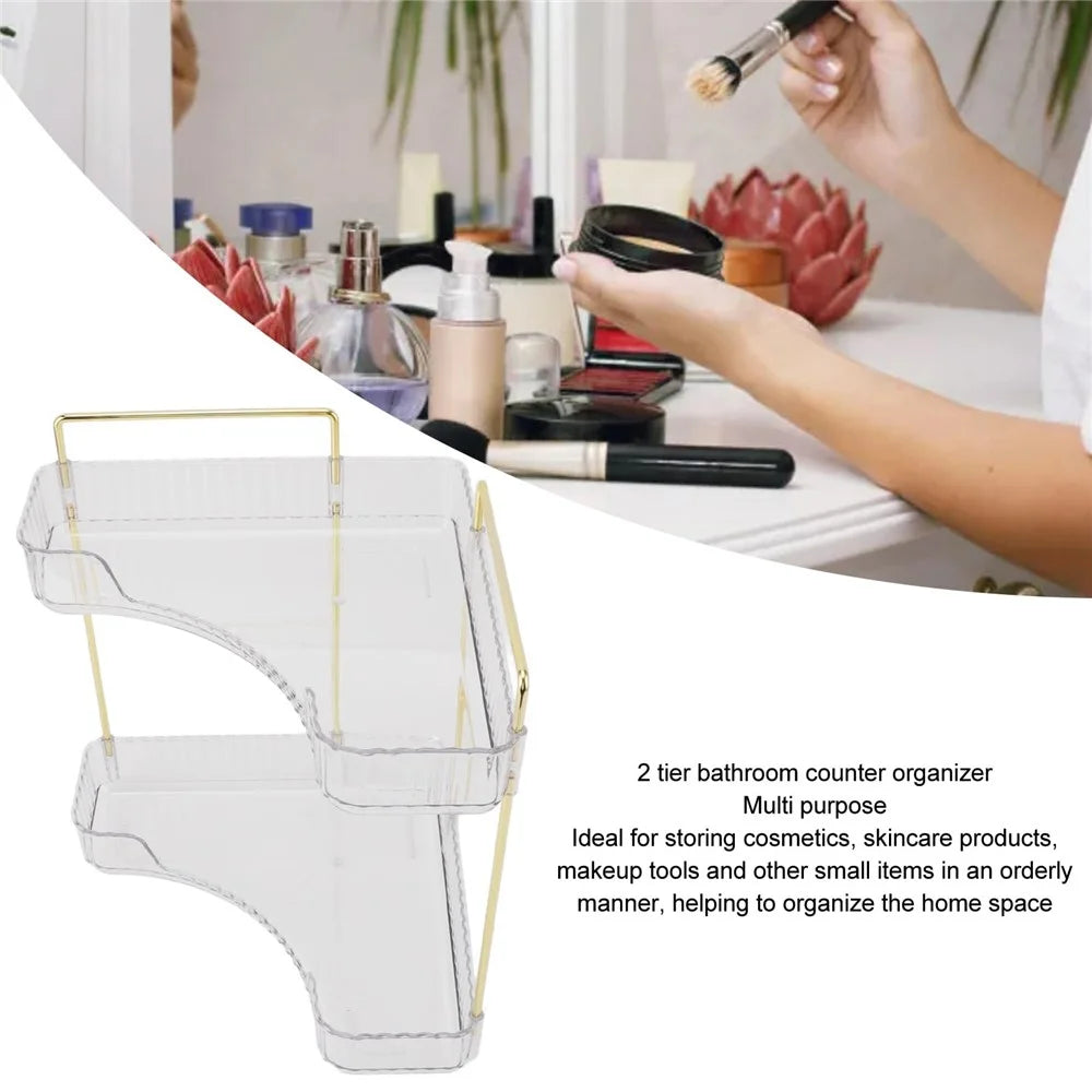 2-Tier Corner Desktop Organizer Makeup Storage Shelf Bedroom Bathroom Vanity Skincare Cosmetic Rack - Transparent White - 4