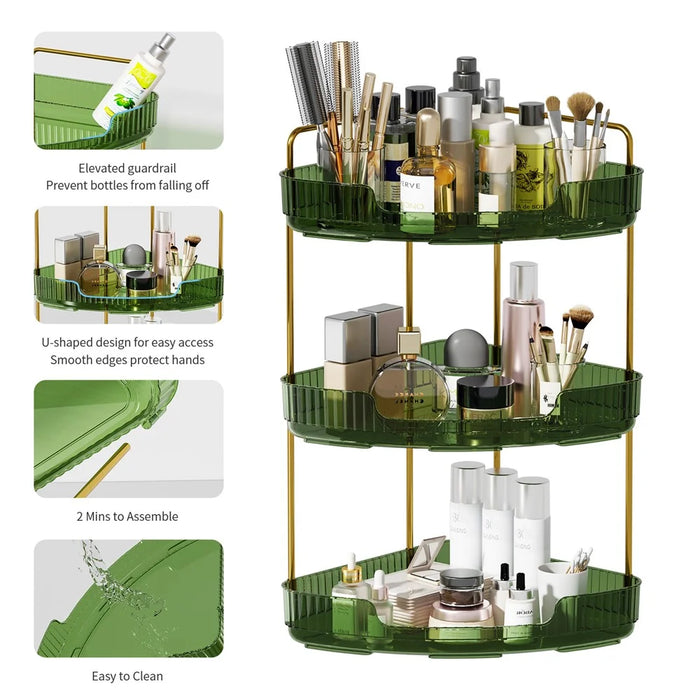 3-Tier Corner Desktop Organizer Makeup Storage Shelf Bedroom Bathroom Vanity Skincare Cosmetic Rack - Transparent Green - 2