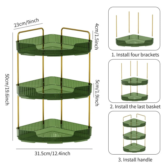 3-Tier Corner Desktop Organizer Makeup Storage Shelf Bedroom Bathroom Vanity Skincare Cosmetic Rack - Transparent Green - 6