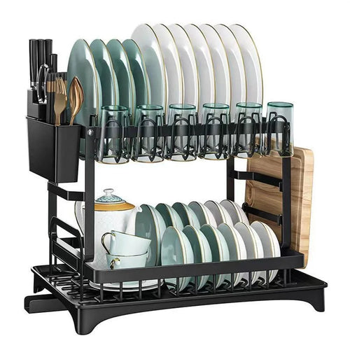 Kitchen Dish Drying Rack Utensil Organizer Carbon Steel Countertop Drainer for Cups Plates Cutlery - Black - 1