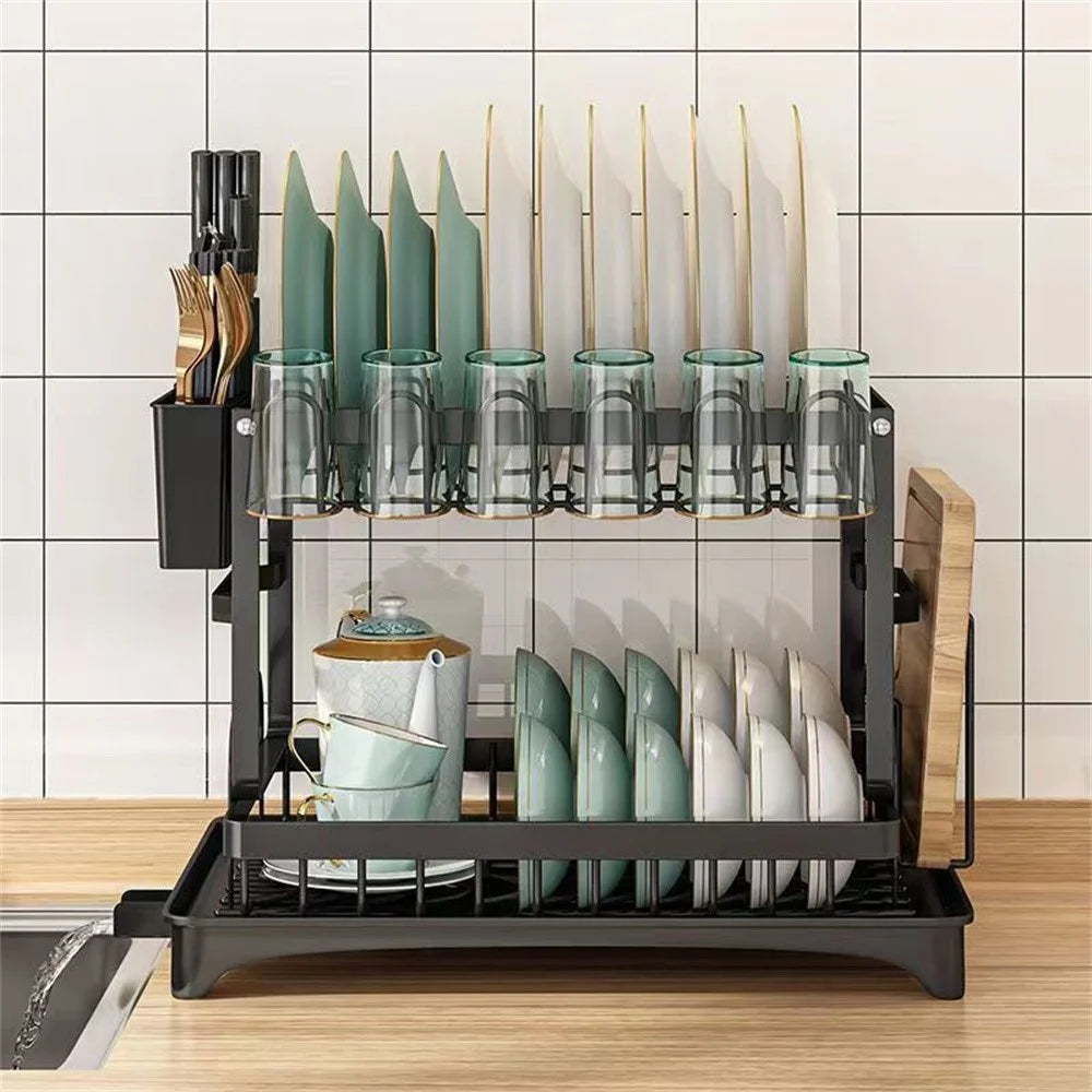 Kitchen Dish Drying Rack Utensil Organizer Carbon Steel Countertop Drainer for Cups Plates Cutlery - Black - 2