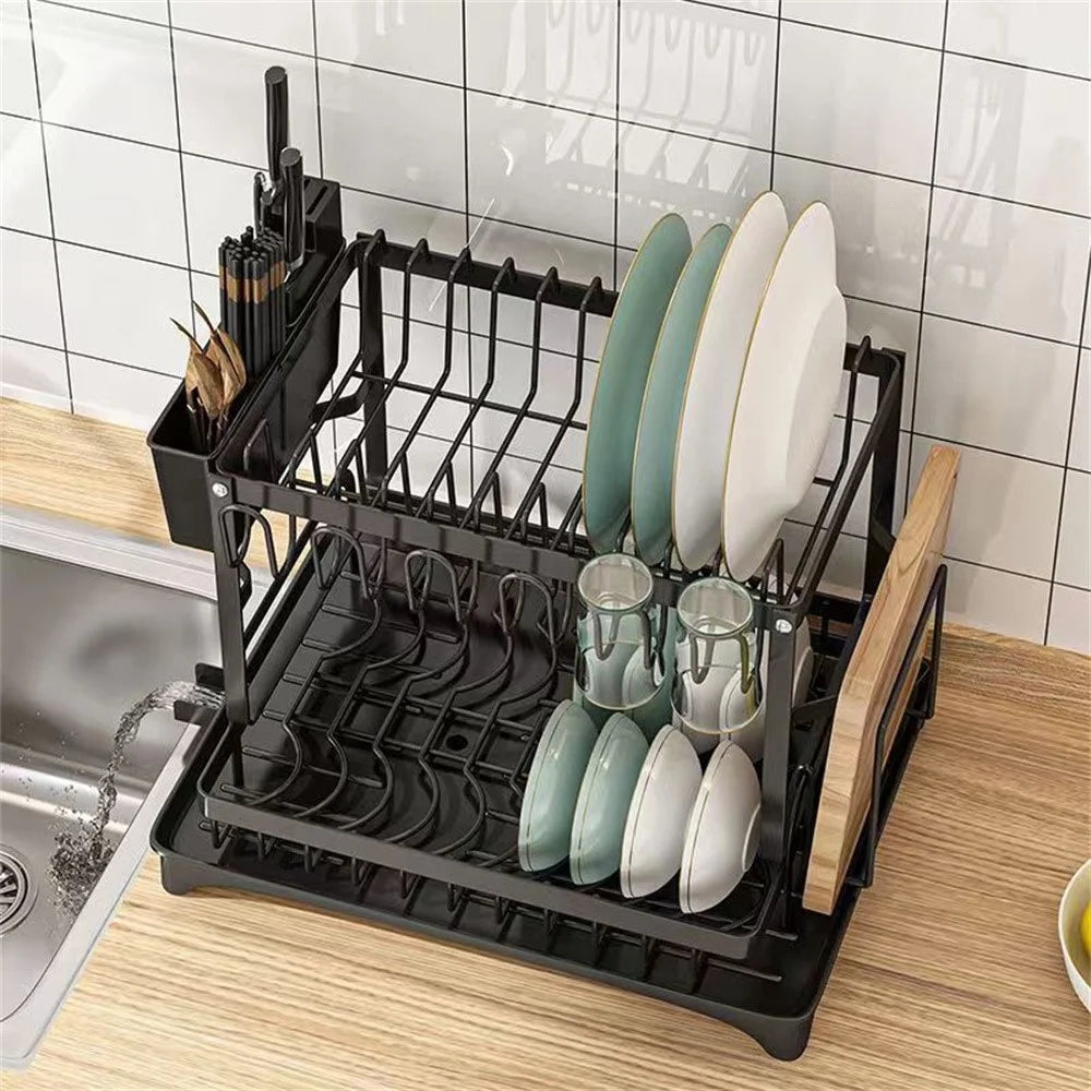 Kitchen Dish Drying Rack Utensil Organizer Carbon Steel Countertop Drainer for Cups Plates Cutlery - Black - 3