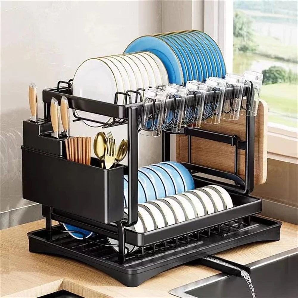 Kitchen Dish Drying Rack Utensil Organizer Carbon Steel Countertop Drainer for Cups Plates Cutlery - Black - 4