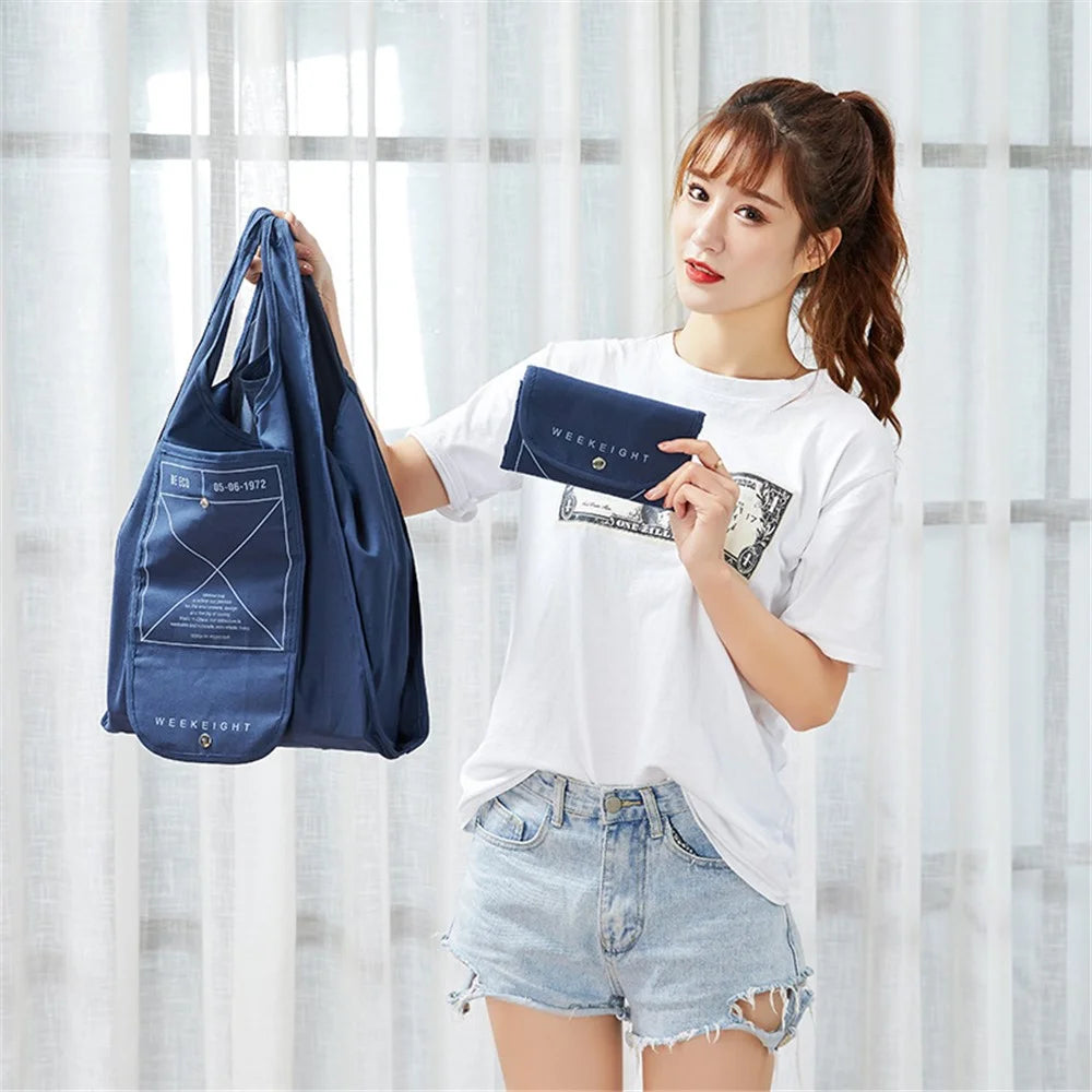 WEEKEIGHT Waterproof Nylon Portable Shopping Bag Folding Reusable Supermarket Sundries Bag - Black - 6