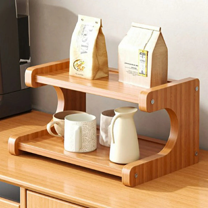 Trapezoid Wooden 2 Tier Storage Shelf Windowsill Balcony Plant Stand Cup Holder Desktop Display Rack, 35cm Length - Flat Board - 1