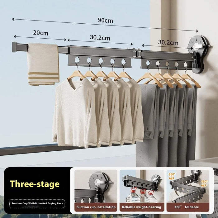 3 Sections Clothes Drying Rack Suction Cup Aluminum Retractable Folding Laundry Rack - 2