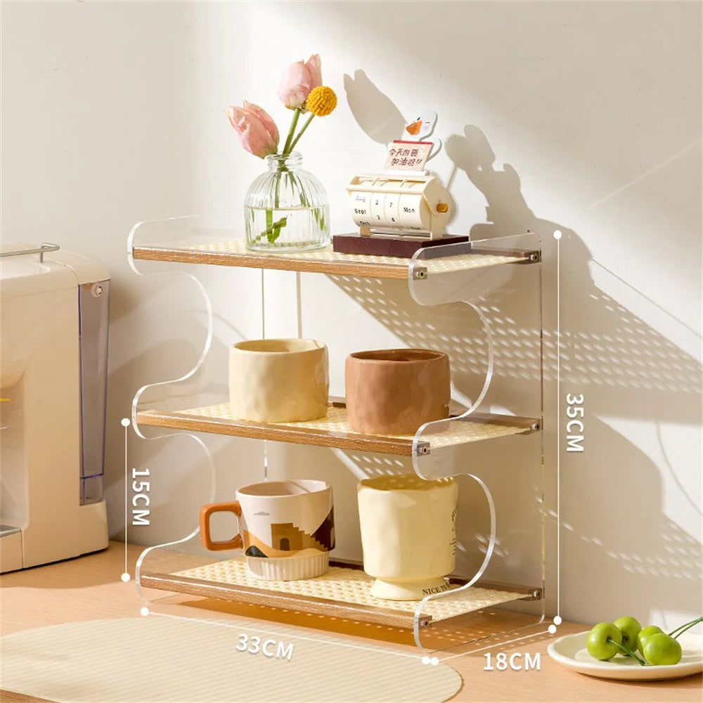 Bamboo Wood Acrylic 3 Tier Cup Holder Stand For Desk Table Coffee Mug Organizer 33cm Storage Rack - Brown - 2