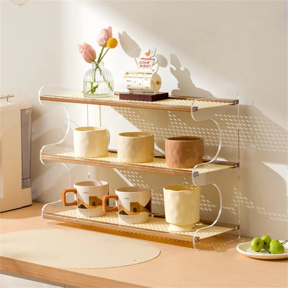 Bamboo Wood Acrylic 3 Tier Cup Holder Stand For Desk Table Coffee Mug Organizer 49cm Storage Rack - Brown - 1