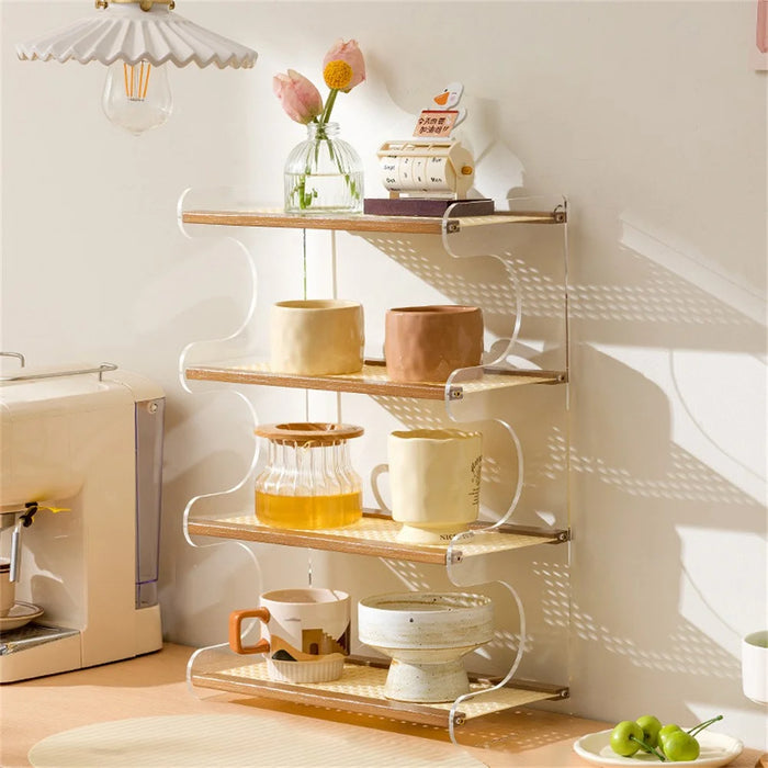 Bamboo Wood Acrylic 4 Tier Cup Holder Stand For Desk Table Coffee Mug Organizer 33cm Storage Rack - Brown - 1