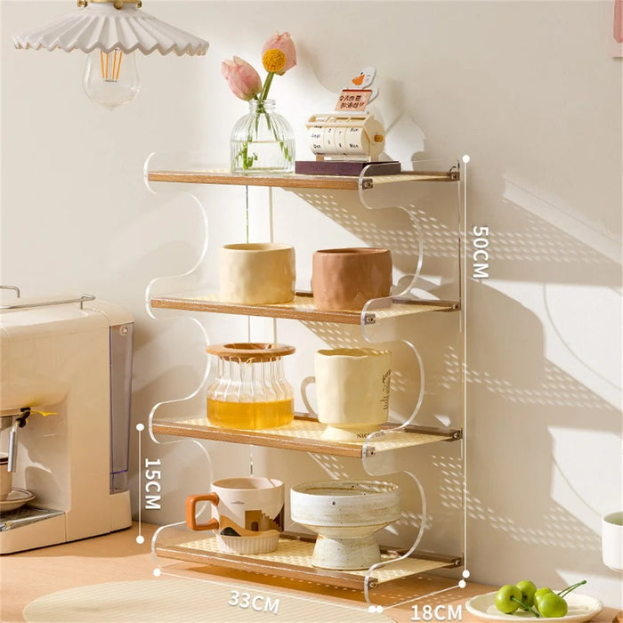 Bamboo Wood Acrylic 4 Tier Cup Holder Stand For Desk Table Coffee Mug Organizer 33cm Storage Rack - Brown - 2