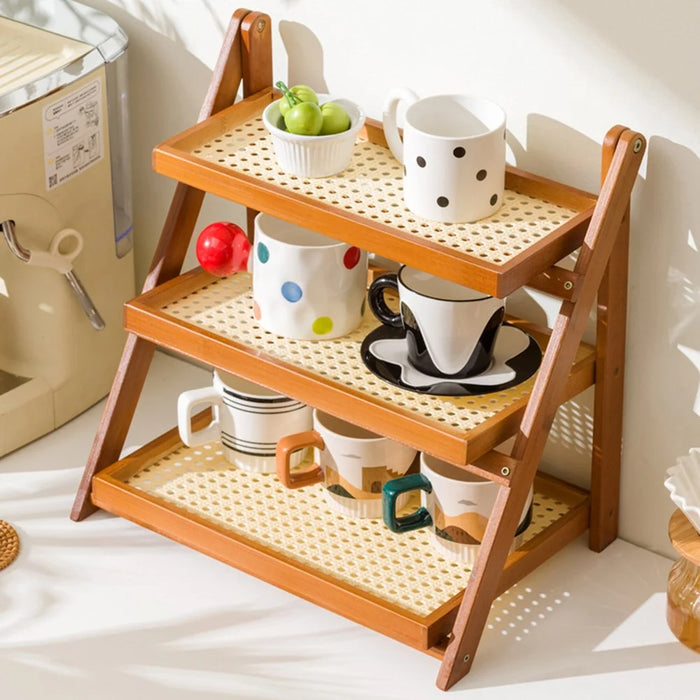 Foldable Bamboo Coffee Cup Display Rack Multi Tier Storage Organizer For Countertop  /  Bar  /  Dining Table - Network Brown - 2