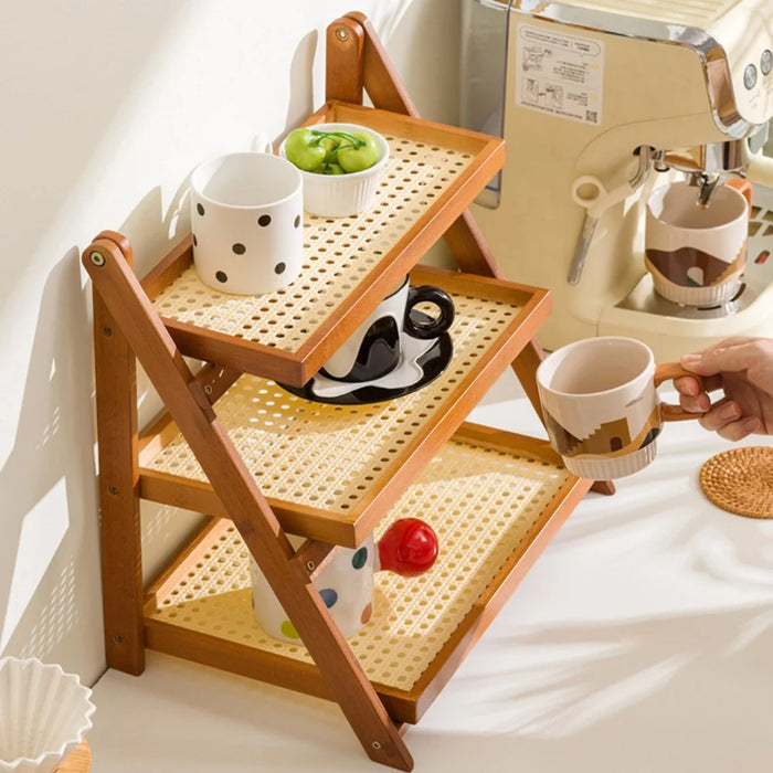 Foldable Bamboo Coffee Cup Display Rack Multi Tier Storage Organizer For Countertop  /  Bar  /  Dining Table - Network Brown - 4