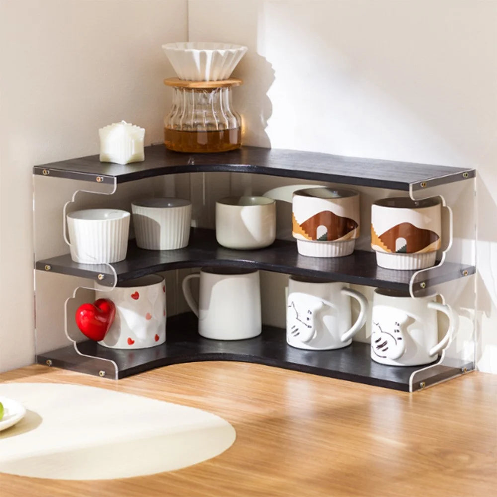 Bamboo 3-Tier Corner Mug Organizer For Desk Kitchen Countertop Cup Holder Tea Coffee Storage Rack - Black - 1