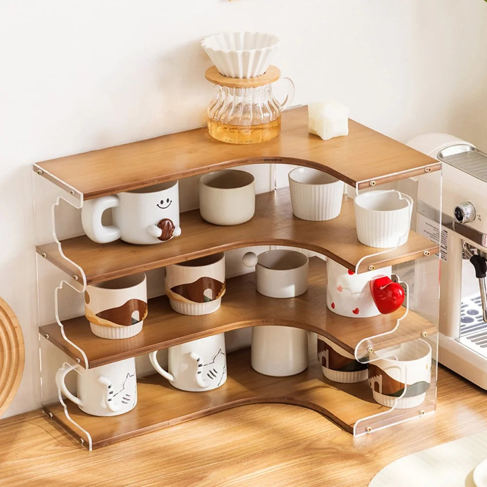 Bamboo Acrylic Cup Organizer Rack 4 Tier Corner Shelf for Mugs Tea Set Coffee Cups Storage Display Stand - Brown - 1