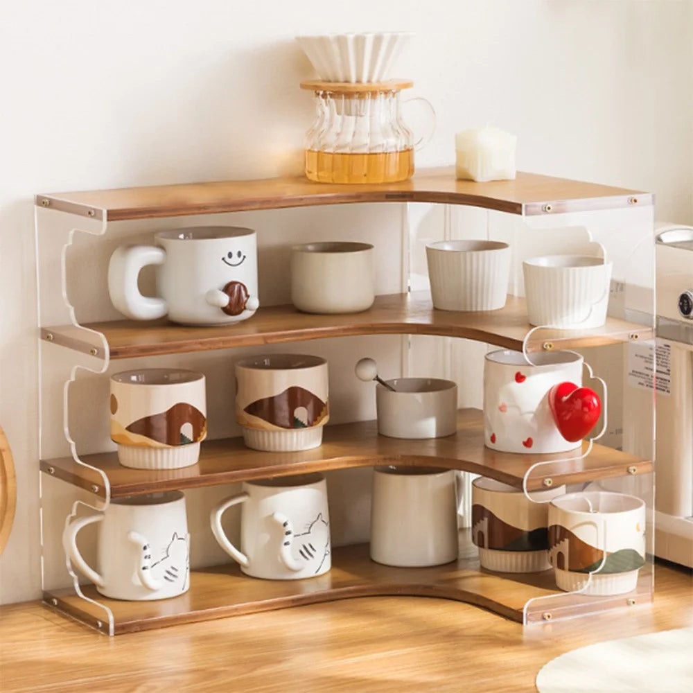 Bamboo Acrylic Cup Organizer Rack 4 Tier Corner Shelf for Mugs Tea Set Coffee Cups Storage Display Stand - Brown - 4